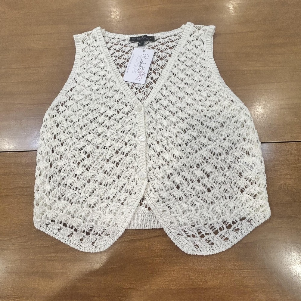 Cotton Candy LA Sweater Vest Womens Small White Open Knit Button Front Sheer